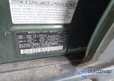 2012 Subaru Outback 2.5I Premium z USA, uszkodzony, nr VIN 4S4BRCGC6C3250891